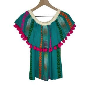 Judith March Women’s Off The Shoulder Pom Pom Top Size Small Colorful